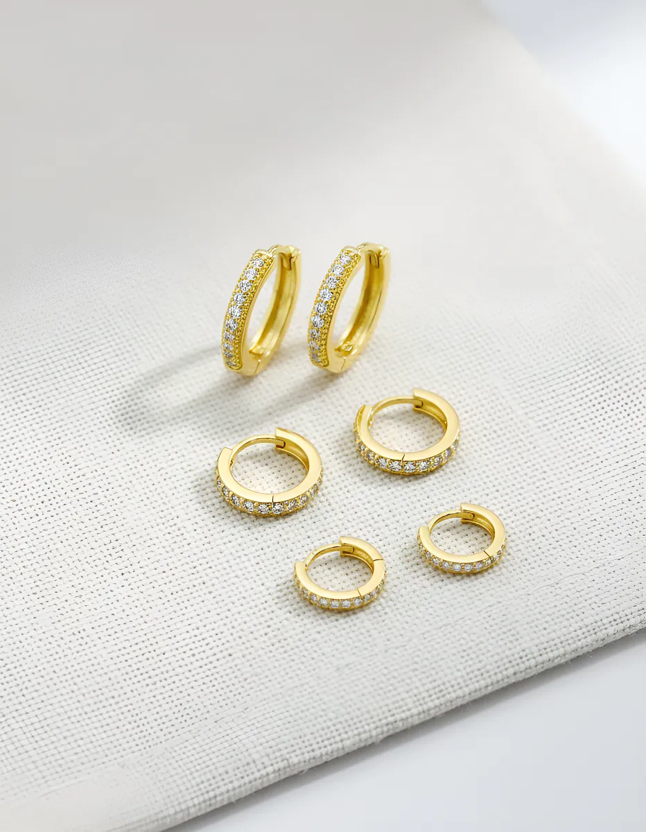 Trio Brincos Argola Cravejadas Banhada Ouro 18k