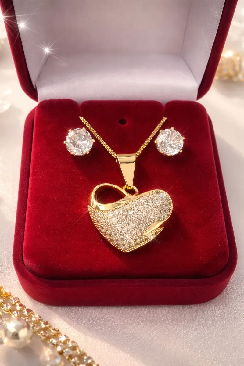 Conjunto Colar e Brinco Banhado Ouro 18k Coração Cravejado