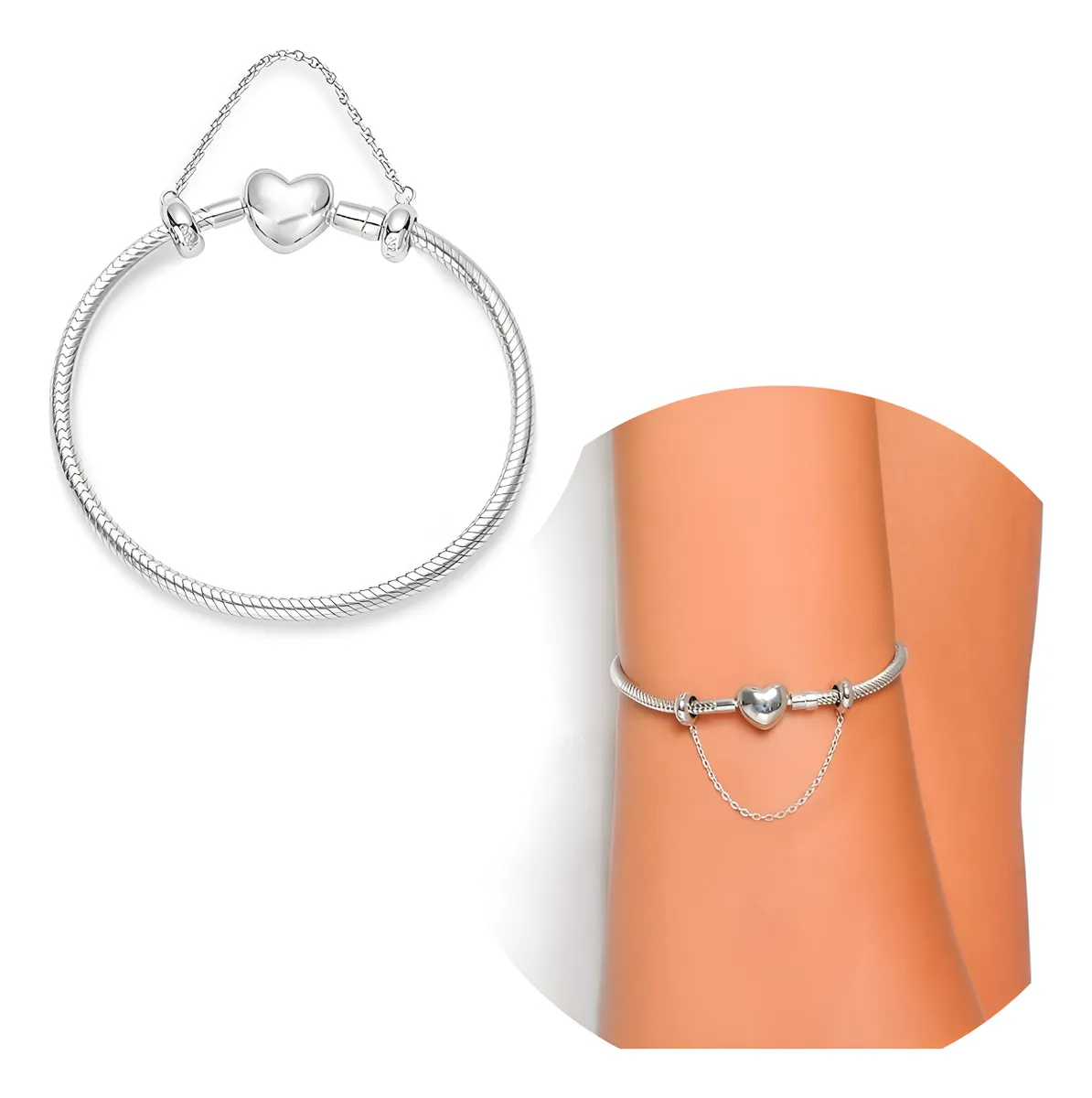 Pulseira Coração Aço Inox Compatível Berloque Charm Pan Viva